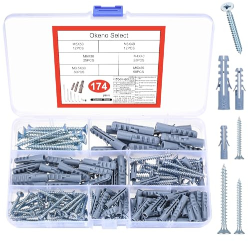 Okeno Select 174-Piece Wall Plug & Screw Assortment, Including Hammer-In Plugs, Plasterboard Cavity Fixings & Self-Tapping Concrete Screws for Masonry, Brick & Drywall