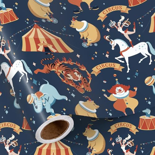 RUSPEPA Zirkus-Geschenkpapierrolle – Marineblaues Vintage-Zelt-/Clown-/Elefanten-/Tigermotiv, Minirolle, Niedliches Tiermotiv-Geschenkpapier Für Kindergeburtstage Und Karnevalsfeiern, 43,2 Cm X 5 M