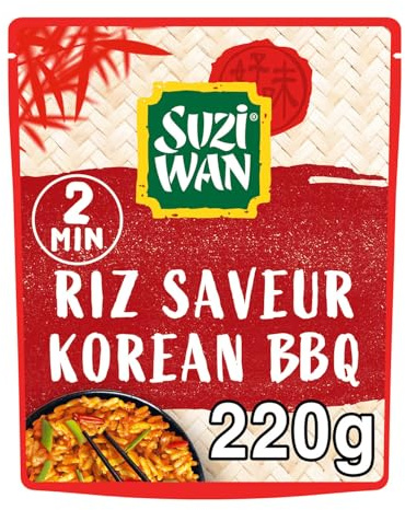SUZI WAN - Riz Long Saveur BBQ Coréen - Sachet Micro-Ondable - Prêt en 2 Minutes · Idéal Bureau, Pique-Nique et Repas Express - la boite de 220g - Le Lot De 4