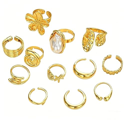 XIABYAYU 12 PCS Anillos Mujer Oro, Anillos Apilables Mujer, Anillo para Nudillos Mujers, Anillo de Flores Y Perlas con Formas únicas Y Colores Resistentes, Conjuntos de Anilloss a La Moda