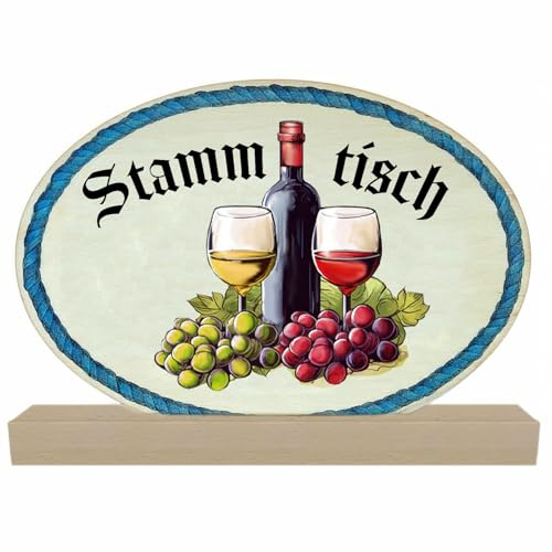 Stammtisch Schild Holz mit Standfuß 19 cm – Tischaufsteller mit Weinflasche, Weinglas & Trauben – Reserviert Schild für Weinliebhaber, Weinstube, Bar & Zuhause – Stammtisch Deko Geschenkidee