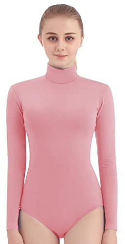 SUPRNOWA Women's Long Sleeve Turtleneck Top Bodysuit Mock Neck Stretchy Leotard Jumpsuit Body Suit with Zipper for Dance Gymnastics Cheerleading Fashion (Medium, Pink)