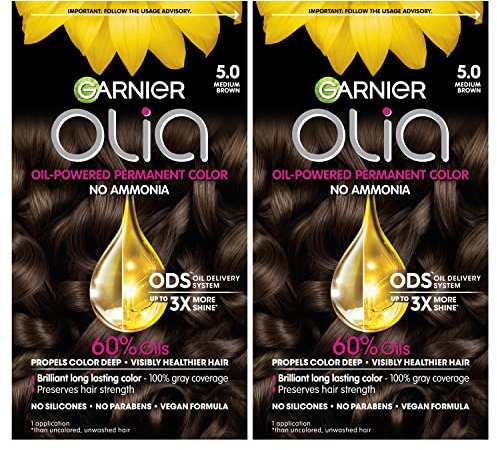 Garnier Olia Hair Color, Ammonia-Free Permanent Hair Dye, Oil-Powered Formula for 100% Gray Coverage and 3x Shinier Hair, Vegan & Cruelty Free, 5.0 Medium Brown, 2 Count