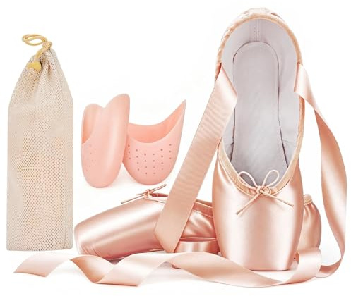 IJONDA Professionelle Ballett Tanzschuhe für Erwachsene Damen und Kinder, Einschließlich Silikon Zehenpads und Stoffbeutel Rosa 34.5