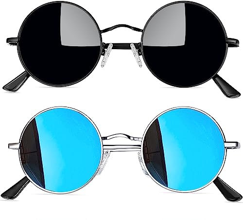 Joopin Sonnenbrille Rund Herren Schwarz und Retro Polarisierte Sonnenbrille Damen Rund Blau Verspiegelt UV400 2 Pack (Silber Blau und Voll Schwarz)