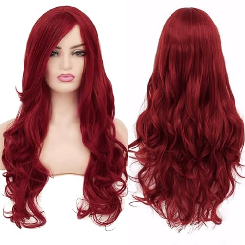 YEESHEDO Dunkel rot Cosplay Perücke für Frauen Langes Gewelltes Haar Synthetische Perücken mit Pony für Halloween Party Kostüm Anime 32 Zoll 80 cm