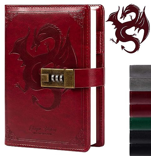 Dragon Leather Journal Notebook, Diary with Combination Lock, Lined/Blank Paper Notebook, B6 Writing Journals Stationery (Wine)
