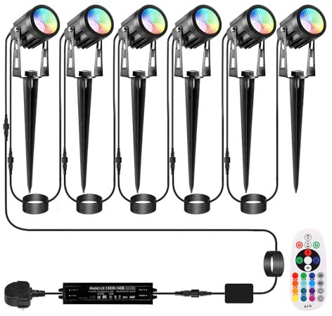 ECOWHO Garden Spot Lights Mains Color Changing Outdoor Spotlight Waterproof 20m Extendable Cable Xmas Landscape Lights Plug-in Outside 12v Timer Memory Remote(Wall/Spike Mounted, Cool White&RGB)