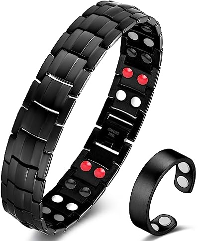 Vicmag Men Magnetic Bracelets Titanium Steel Magnet Bracelet Ultra Strength Double Row 3500 Gauss Wristband Brazaletes with Adjustment Tool & Jewelry Gift Box (Black 4 Elements)