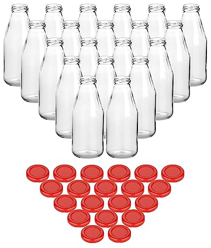 gouveo Set di 20 bottiglie di succo da 500 ml con coperchio a vite rosso – Piccola bottiglia di vetro da 0,5 l con tappo TO43 – Bottiglia vuota da riempire per cucina e casa
