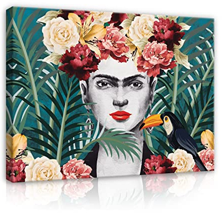 WallArena - Leinwand Bilder - Frida Kahlo Blumen Blätter Tukan - 120x80 cm Leinwandbilder - Bild auf leinwand - Wandbild XXL groß Wandbilder für Wohnzimmer Schlafzimmer Wohnzimmerbilder Modern