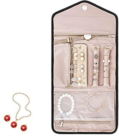 Yusheng Pochette à Voyage - Pochette à Bijoux Pliable avec Divers Compartiments,Tangling Free Jewelry Organizer Roll pour bagues, Colliers, Bracelets, Boucles d'oreilles
