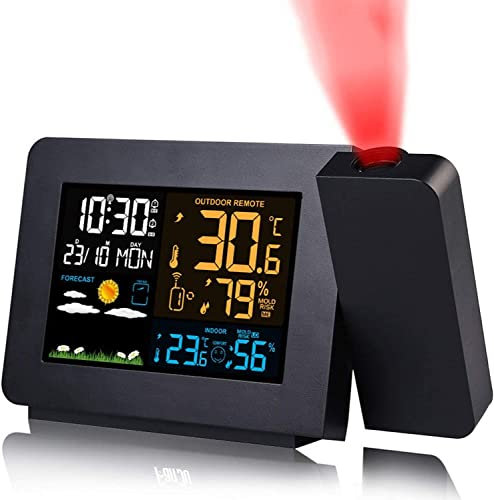 Projection Alarm Clock, Digital Clock Projector on Ceiling with Indoor/Outdoor Temperature Display, Wireless weather station,Dual Alarms, Snooze, Colored Backlight, Weather Forecast