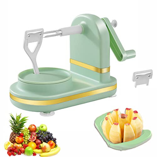 MOREIH Éplucheur de Pommes, pilleur de Pommes avec Base d’Aspiration, éplucheur de Poire Rotatif 3 en 1 avec trancheuse et carottier de Pomme à 8 Coins, Lame en Acier Inoxydable 1Extra (Cyan)