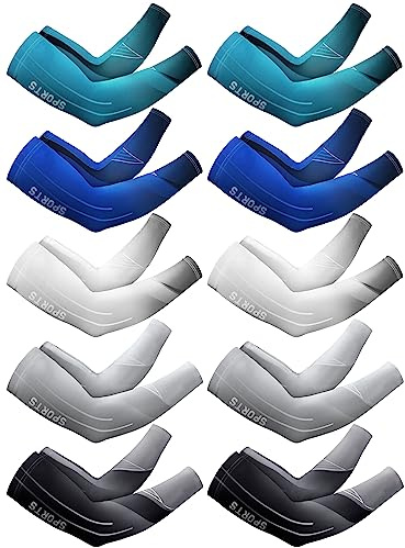 Tisancy 10 Pairs Sun Protection UV Arm Sleeves Cooling Anti Slip Compression Sleeves Sports Polyester Cycling Covers(Plain Style,Large)