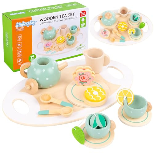 Kinderplay Tee-Set aus Holz – 15-teiliges Teeservice für Kinder – Rollenspiel Teeparty mit Tablett, Tassen & Kanne – Lernspielzeug ab 3 Jahren