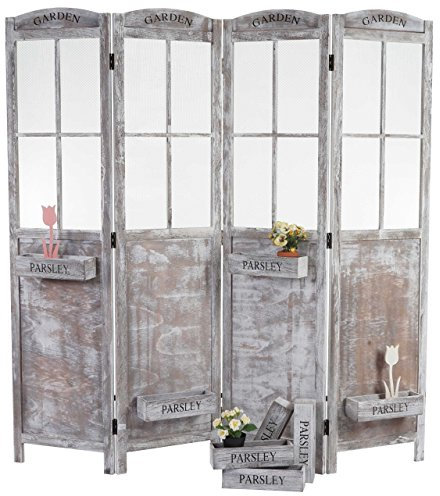 Mendler Paravent HWC-M66, Raumteiler Trennwand Sichtschutz, Pflanzkörbe 4 Paneele, Shabby-Look 170x180x22cm, braun-grau