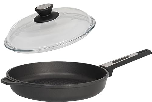 SKK große 2-tlg. Grill-Pfanne Ø 28 cm - Induktion - flache runde Bratpfanne mit BBQ Grillmuster & Vollglas Deckel - Made in Germany