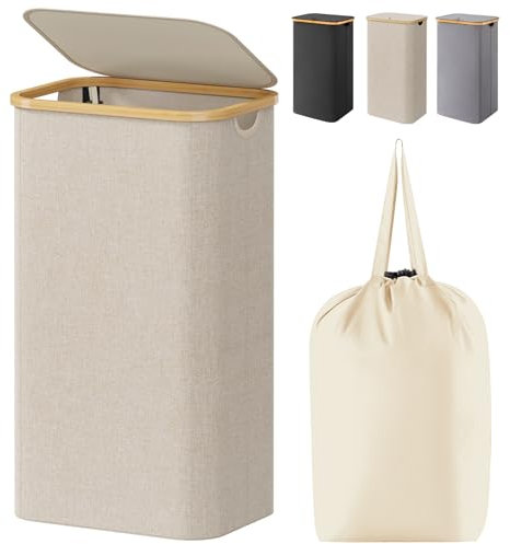 Lifewit Panier a Linge Sale 100L avec Couvercle, Grand Corbeille Linge Pliable en Bambou avec Sac Intérieur, Panière Linge, Laundry Basket pour Chambre, Salle de Bain, Buanderie, Beige