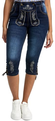 Steigenhöfer Kurze Jeans Damen Trachtenjeans im Lederhosen Look - Kurze Hose Damen - Kniebund Hose für Oktoberfest und andere Festlichkeiten, Bequeme Passform Dank Stretch Einsatz - Blau - S