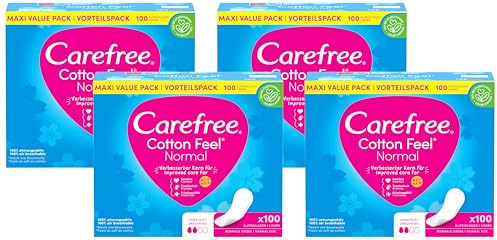 Carefree Slipeinlagen Cotton Feel Normal ohne Duft (100 Stück), 100% atmungsaktiv, verleihen ein Gefühl von Komfort, Trockenheit und Frische, Größe Normal, Vorratspack (Packung mit 4)