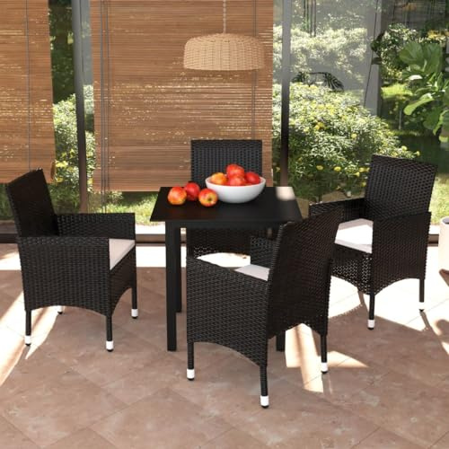 KTHLBRH Juego de muebles de jardín para terraza, muebles de balcón, 5 piezas, juego de comedor con cojines de poliratán, color negro