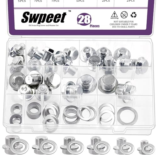 Swpeet 56Pcs M10 M12 M14 M16 M18 M20 Metric Steel Oil Drain Plug and Aluminium Washer Gasket Assortment Kit, Oil Crush Washers Seals Kit Compatible with Jeep GM Ford Toyota Most Cars