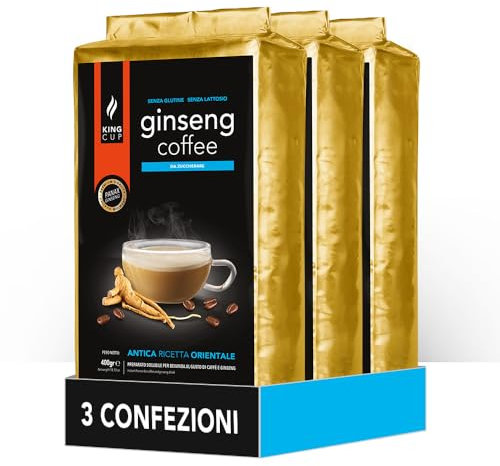 King Cup - 3 Buste da 400 Gr di Preparato in Polvere Solubile di Caffè al Ginseng da Zuccherare, Ideale da Aggiungere in Acqua Calda, Senza Glutine, Senza Lattosio e Senza OGM