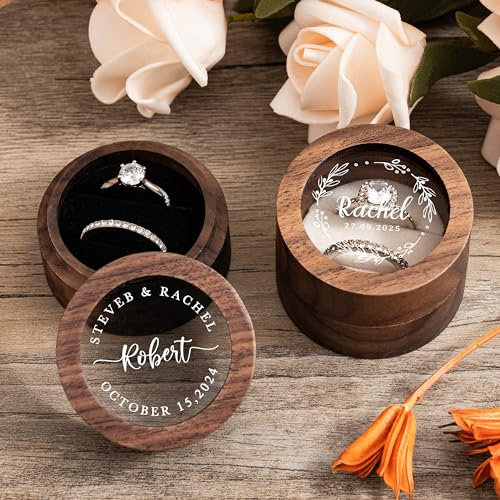 KEMEILA Individuell Hochzeitsringbox aus Walnussholz - Gravierte Mini Holz Ring-Box - Double Slot Ring Box Vorschläge - Romantisches Geschenk für Ehefrau Ehemann