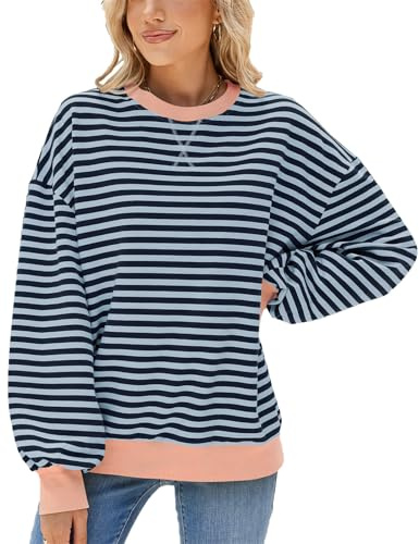 SotRong Dam överdimensionerad randig färgblock långärmad tröja med rund hals ledig lös pullover Y2k skjorta topp för flicka, Blå och grå, L