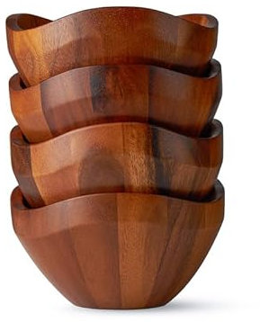 Nambe Acacia Wood Side Bowl Set - 7 Billow Dishware Collection | Set of 4 Plates for Salads, Sides, and Snacks | Natural Wood Craftsmanship for an Eco-Friendly Dining Experience
