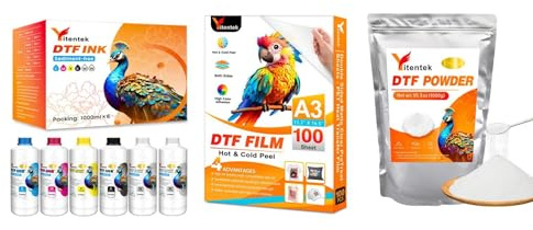 Yitentek DTF Ink & Film & Powder Set - 6000ML No Sediment DTF Transfer Ink + DTF Transfer Film A3 (11.7 x 16.5) 100 Sheets Double Sided PreTreat Cold & Hot Peel PET Film + DTF Powder 1000g / 35.27oz