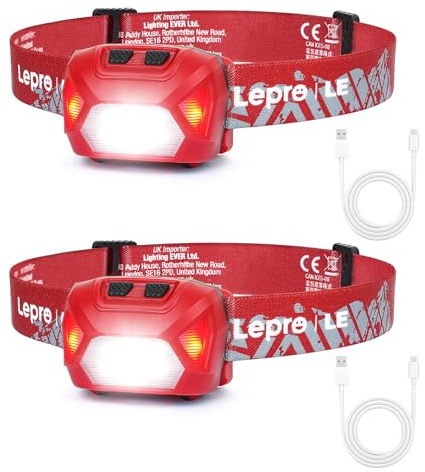 Lepro Stirnlampe LED Wiederaufladbar, USB C Kopflampe mit 6 Modi & Rotlicht | 2000 Lux Superhell Kopflampe Stirnlampe, 6 Modi & Rotlicht, IPX4 Wasserdicht Stirnlampe, Ideal für Camping, Rot, 2 Stück