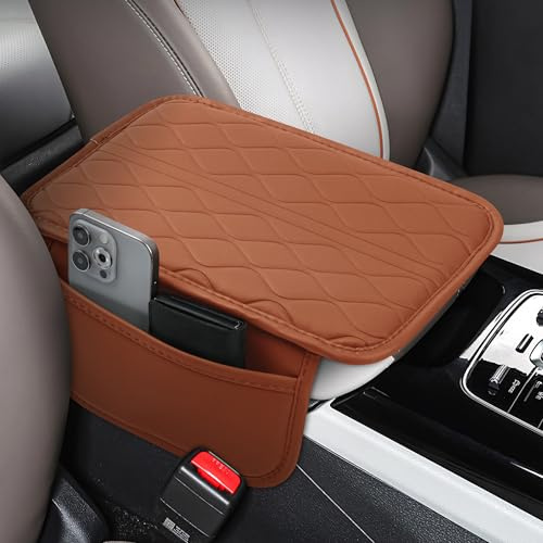 frani Auto-Mittelkonsolen-Abdeckung, Leder-Armlehnenbezug mit 2 Aufbewahrungstaschen, Universal-Armlehnenbezug, Auto-Innenzubehör, Schutz für die meisten Fahrzeuge, Kamelbraun