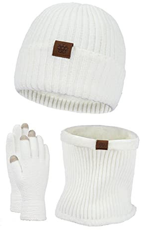 YCBMINGCAN Damen Winter Beanie Mütze Schal Touchscreen Handschuhe Set Thermo Strickmütze Beanie Wintermütze Handschuhe Touchscreen Schals Winterschal Winterhandschuhe Mütze Damen 3 In 1 Set