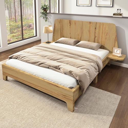 Massivholzbett 140x200cm, Doppelbett Bettgestell mit Stauraum-Kopfteil und Lattenrost, Eiche, Leicht zu Montieren,Stabil und Langlebig (Ohne Matratze)