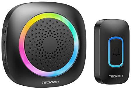 TECKNET Campanello Senza Fili da Esterno Impermeabile IP66, Portata 400M, 5 Livelli Volume 60 Melodie, Batteria RGB Campanello Wireless, Ricevitore Mobile, Black