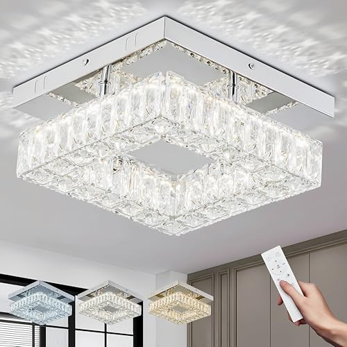 9.8 Square Crystal Flush Mount Chandelier Ceiling Light Dimmable remote