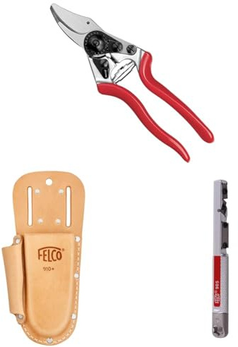 FELCO 6 Gartenschere mit Lederholster 910+ und Schärfwerkzeug 905 – Kompaktes, ergonomisches Set für kleine Hände und längeren Einsatz