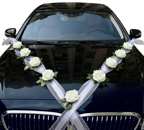 Foydream Autoschmuck Hochzeit Motorhaube 2pcs Bändern aus 160 cm Weiß Organza M Auto Schmuck Hochzeit mit 9 Rosen Hochzeitsdeko Girlande Hchzeit Brautauto Dekoration Set für Hochzeit Party