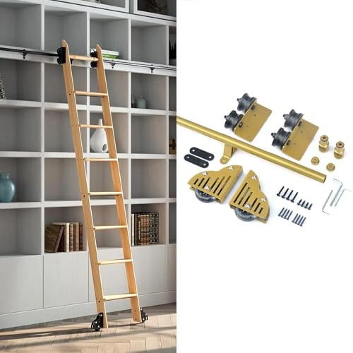 Kit di ferramenta per scala mobile dorato | Binario scorrevole libreria e binario sospeso scala mobile | Kit per porta scorrevole del fienile con rulli per pavimento(244cm Kit pista)