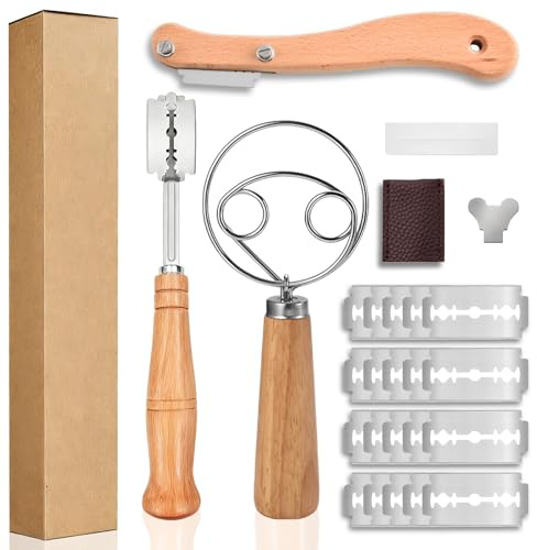 Hyxodjy Lame Boulanger, Fouet à Pâte à Pain Couteau Boulanger en Bois avec 20 Lames Couteaux de Boulanger Couteau à Pain Incurvé pour DIY Pâte Graver des Motifs de Pain