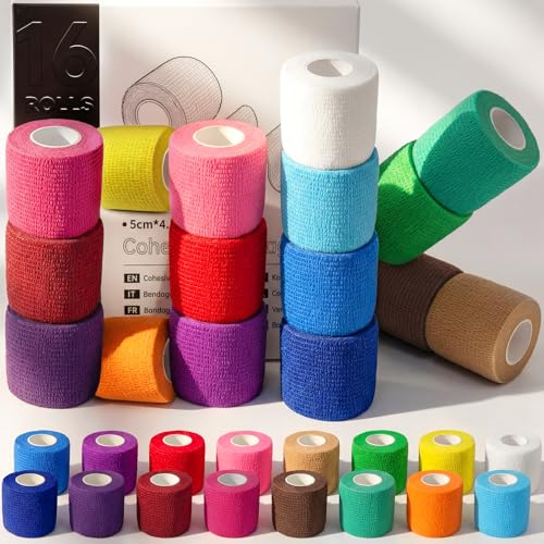 HONYAO Self Adhesive Bandage 16 Rolls, 5cm x 4.5m Pet Vet Wrap for Dogs Cats, Cohesive Bandage for Sports Wrist Ankle Stretch Sprains Swelling First Aid, 16 Colours