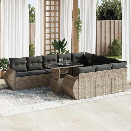 QJBSAVVA 11-TLG. Garten-Lounge Set Poly Rattan Grau 55 x 53 x 34 cm Modernes Design mit Verstellbarer Tischplatte & Stauraum für Balkon Terrasse Garten