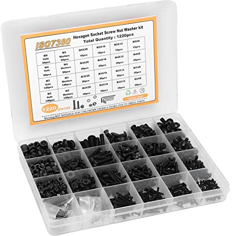 Oumefar Carbon Steel M2 M3 M4 M5 Screw Nut Washers Kit with Smooth Thread for Professional Repairers, 1220 Pieces Half Round Head Hex Screws Nut Washers for Enthusiasts