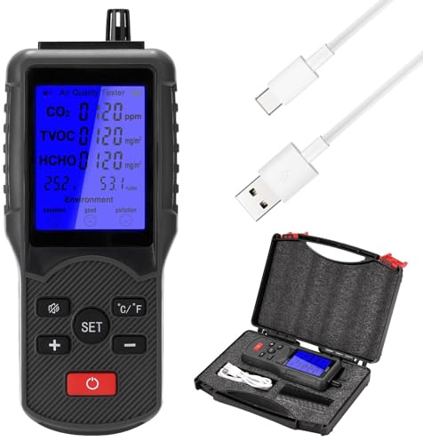 Gas Detector, 8in1 Air Quality Tester CO2 Meter Gas Analyzer CO2 Sensor TVOC Meter Carbon Dioxide Sensor Temperature Humidity Measuring Device