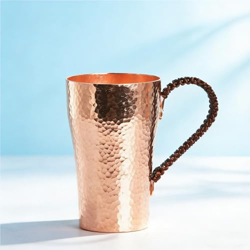 BYZCYSG Becher aus reinem Kupfer mit Henkel umwickelt von geflochtener Kordel, Vol 400 ml (gehämmert)