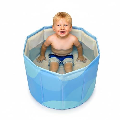 WAVYEASE Upgraded tragbare Badewanne für Kleinkinder – Faltbare Tiefenbadewanne für Kinder, Aufbau in einer Sekunde, einfache Aufbewahrung, leicht, Reisebegleiter für 12–60 Monate (Blau)