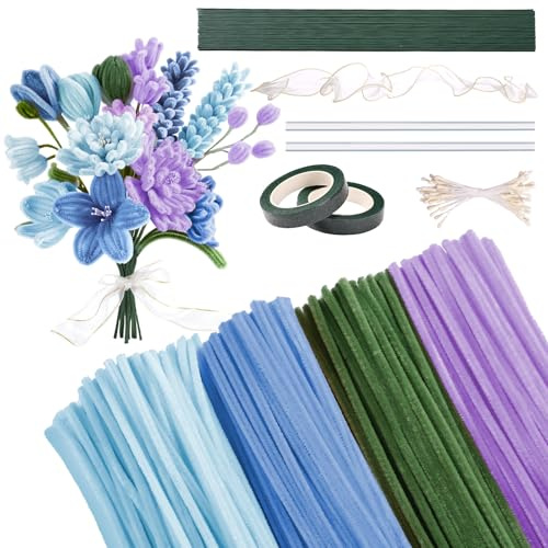 GWHOLE Kit de Fil Chenille Création Fleurs, Bleu et Violet, 200 PCS | Fabrication de Fleurs en Cure Pipes, 4 Couleurs, Avec Tiges Florales et Accessoires, Pour Bricolage et Loisirs Créatifs
