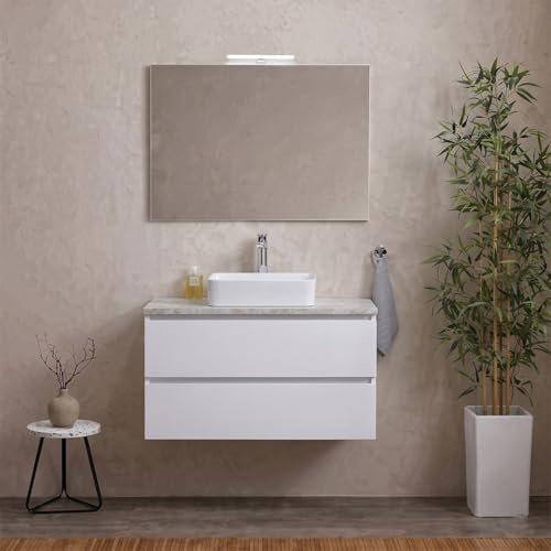 Kiamami Valentina - Mobile bagno 80cm bianco con top beton e specchio 80x60 | Berlin